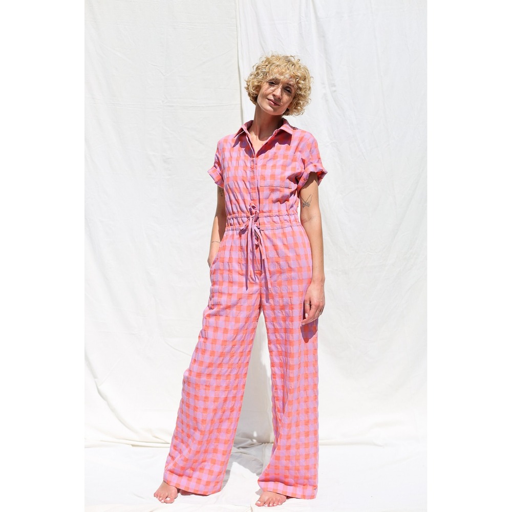 OFFON Clothing Gingham Jumpsuit Orange Purple Checkered Short Sleeve Cotton Sz M